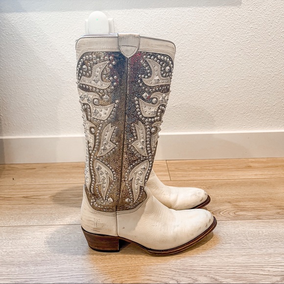 Frye Leather Deborah Deco Tall in White/Gold/Brown - Picture 5 of 13